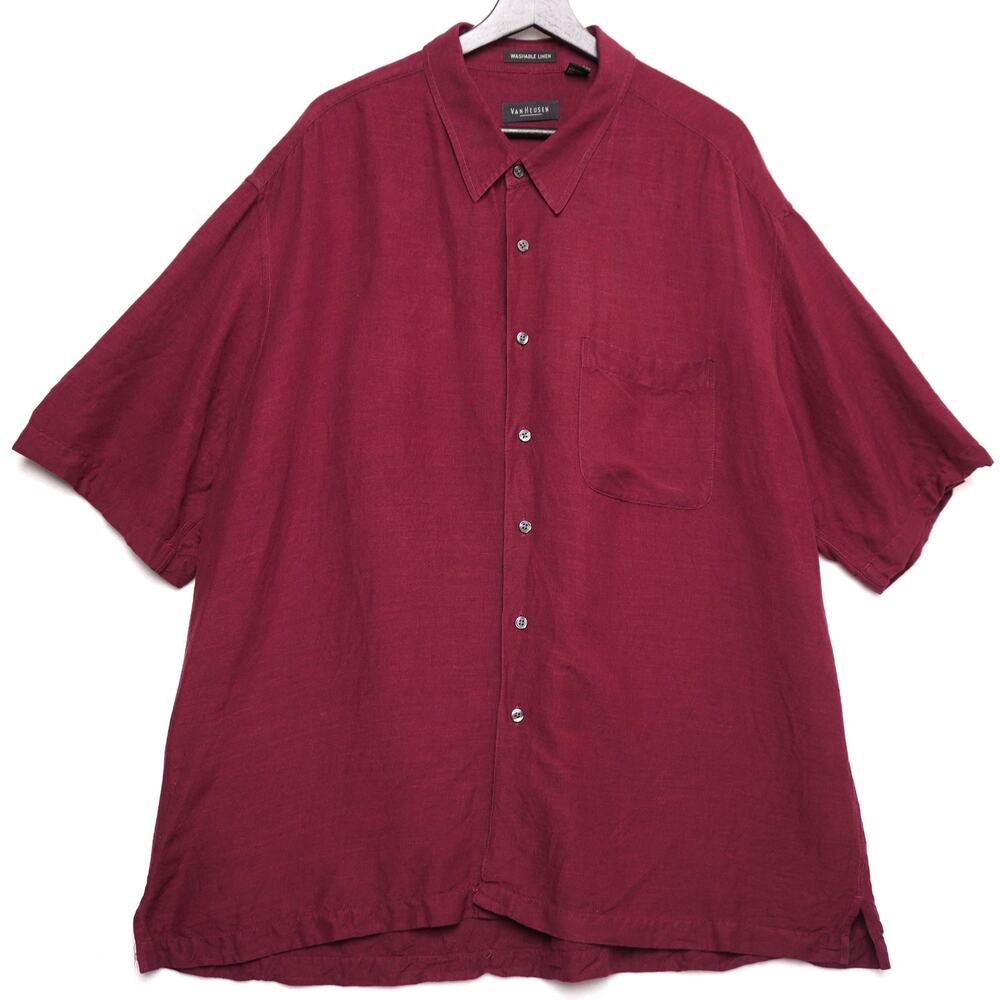 Van Heusen XXL Burgundy Linen Blend Short Sleeve Button Up‎ Shirt Washable Linen
